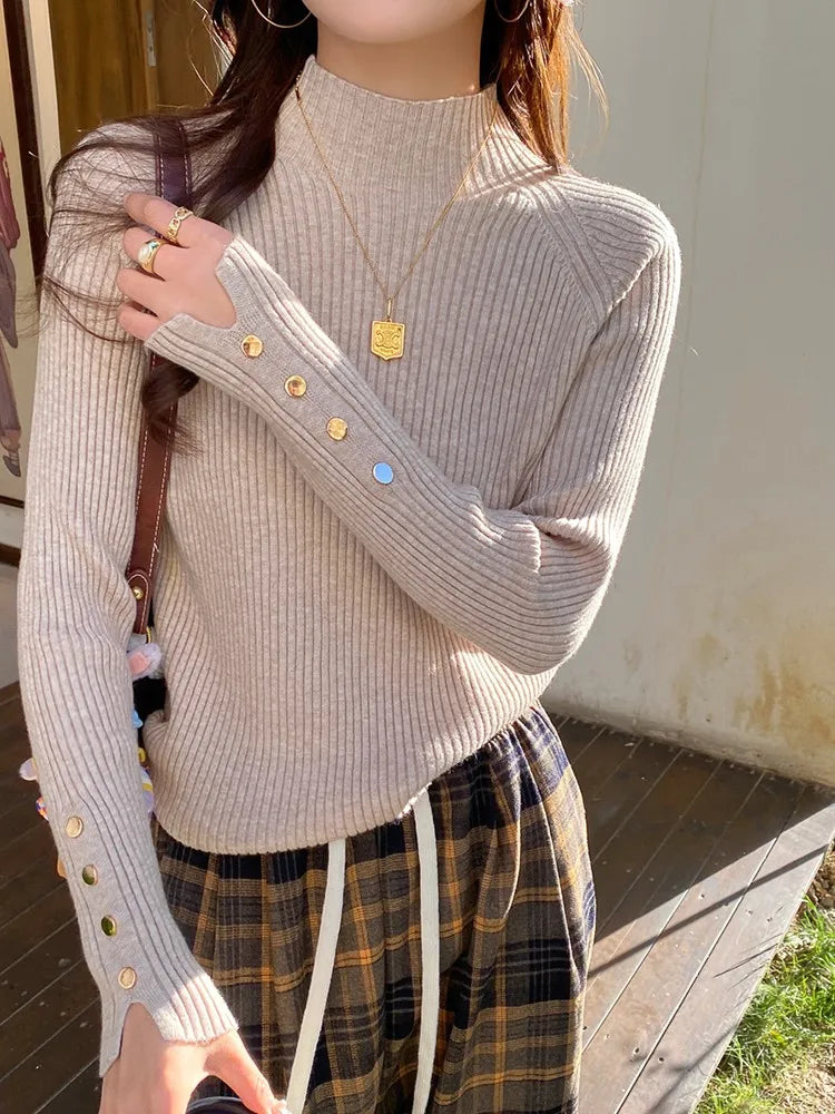 Chic Button-Detail Turtleneck Sweater