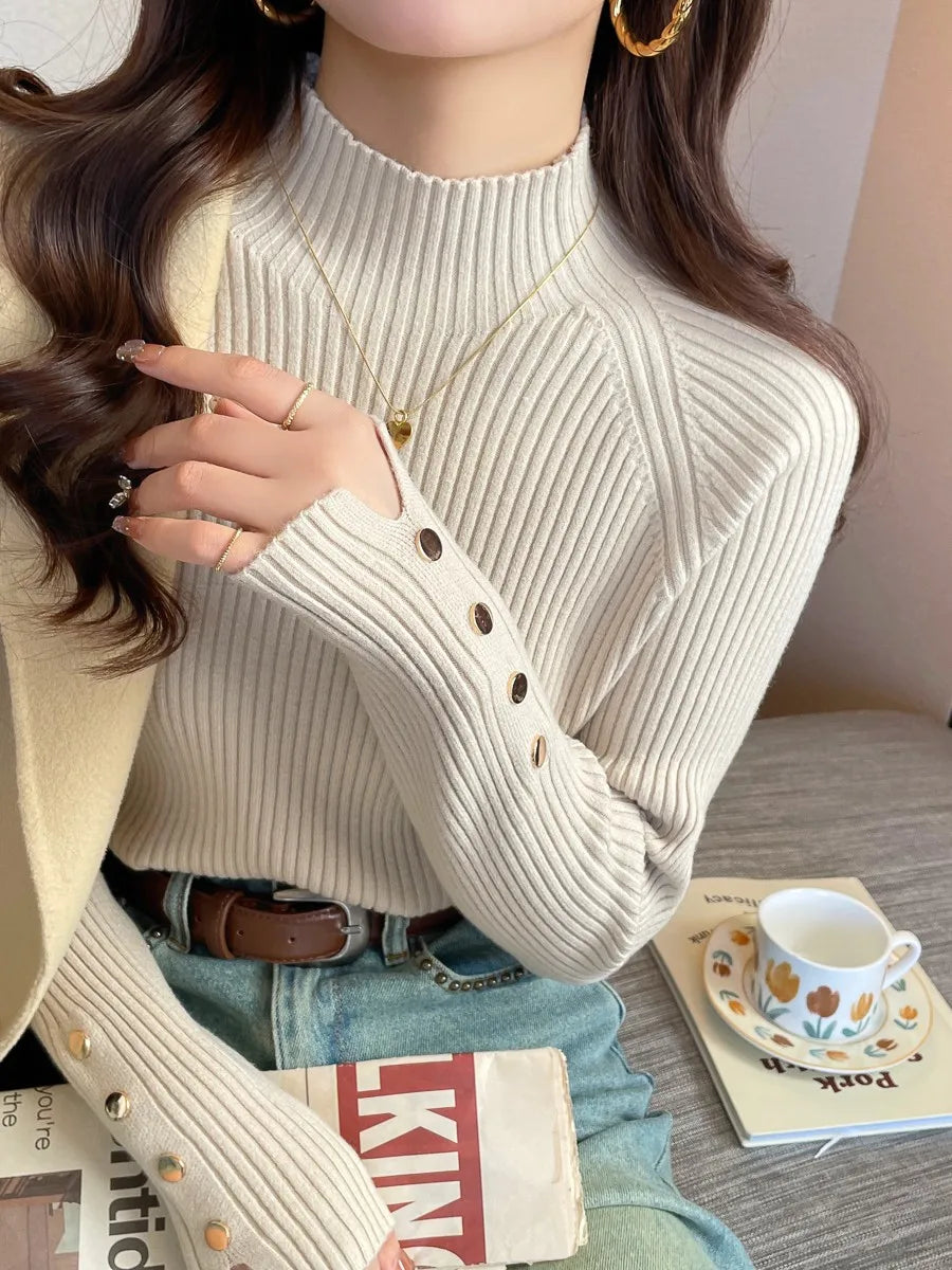 Chic Button-Detail Turtleneck Sweater