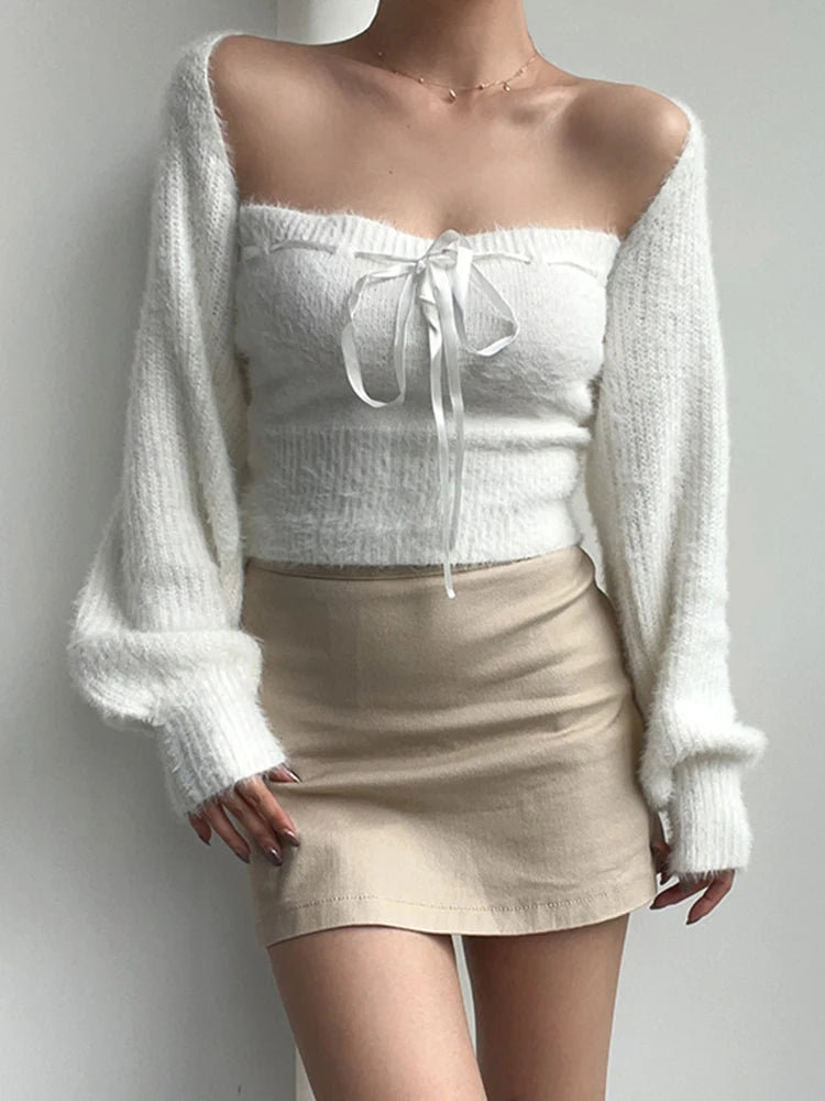 Fuzzy Bolero & Tube Top Set with Bow | Acubi Y2K Knitwear