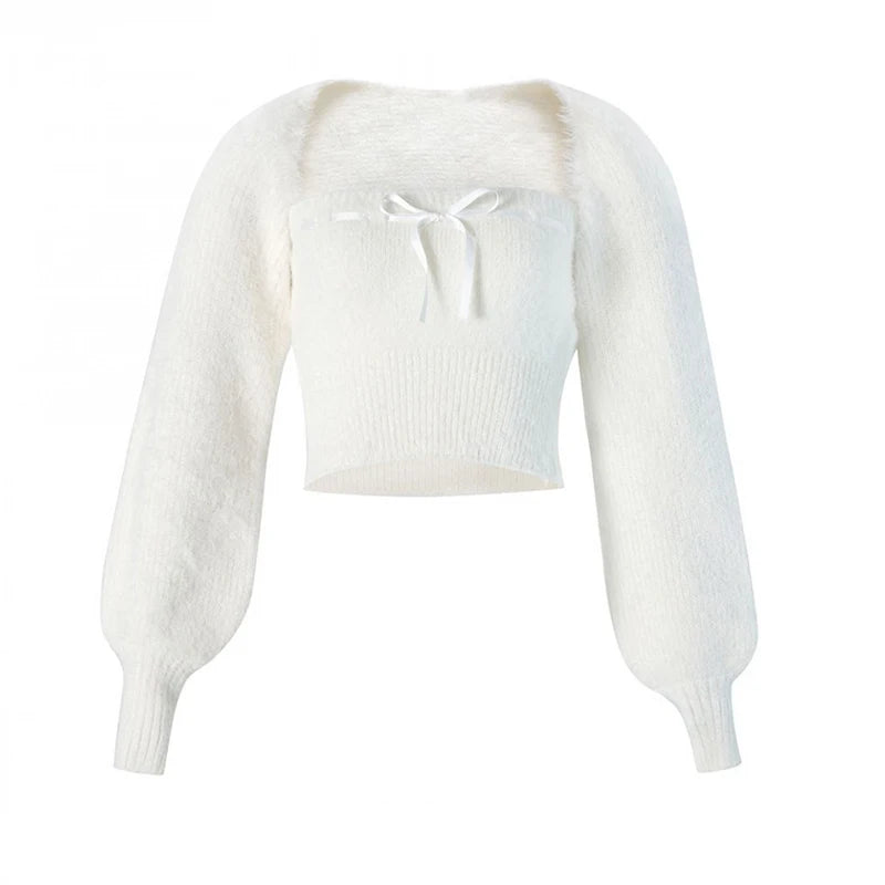Fuzzy Bolero & Tube Top Set with Bow | Acubi Y2K Knitwear