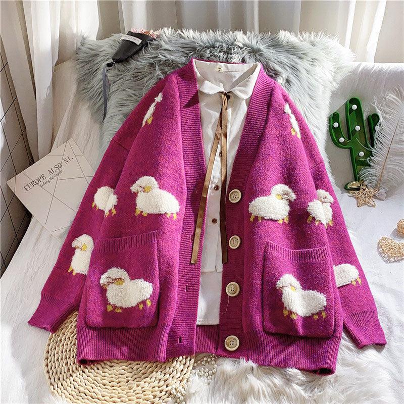 Sheep Embroidery Knitted Cardigan - KAYSMAR