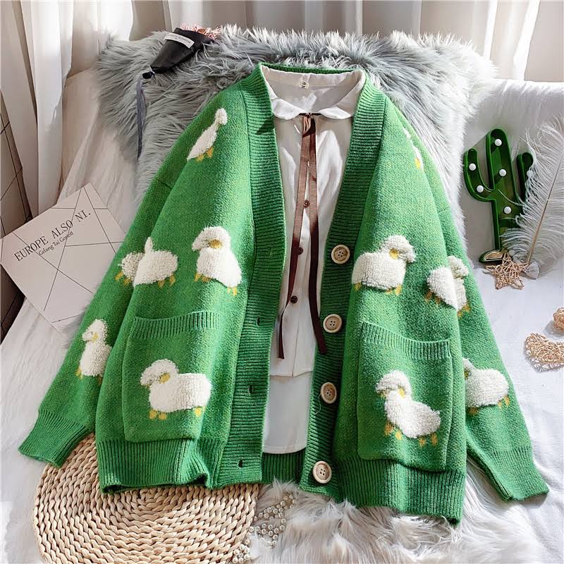 Sheep Embroidery Knitted Cardigan - KAYSMAR