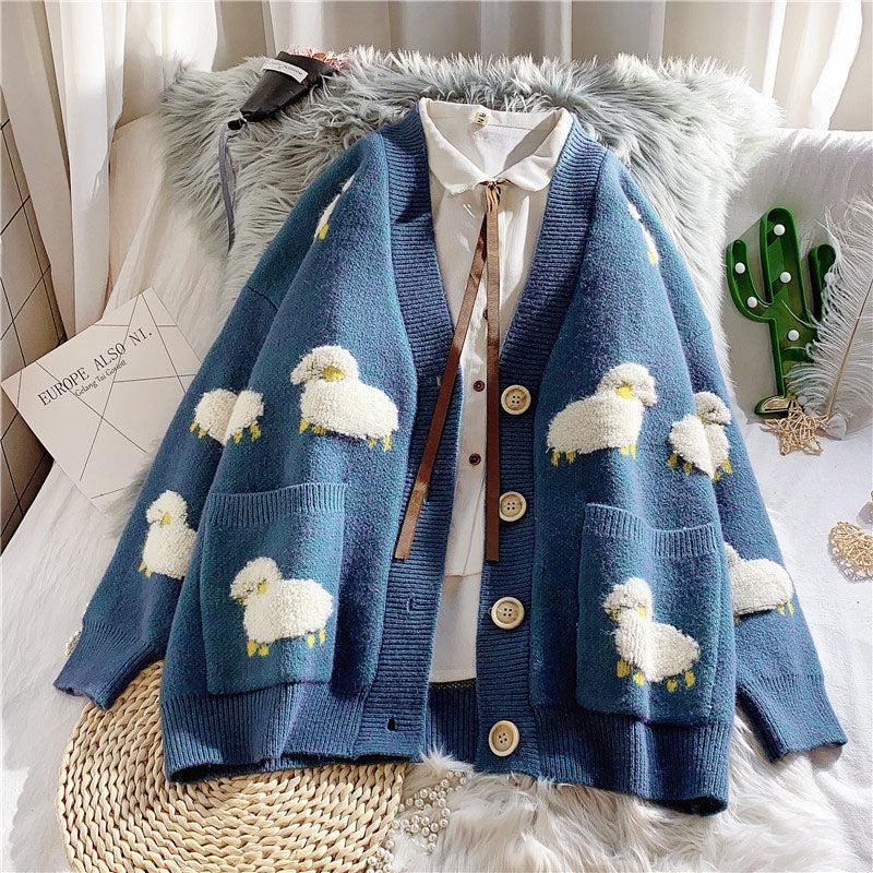 Sheep Embroidery Knitted Cardigan - KAYSMAR