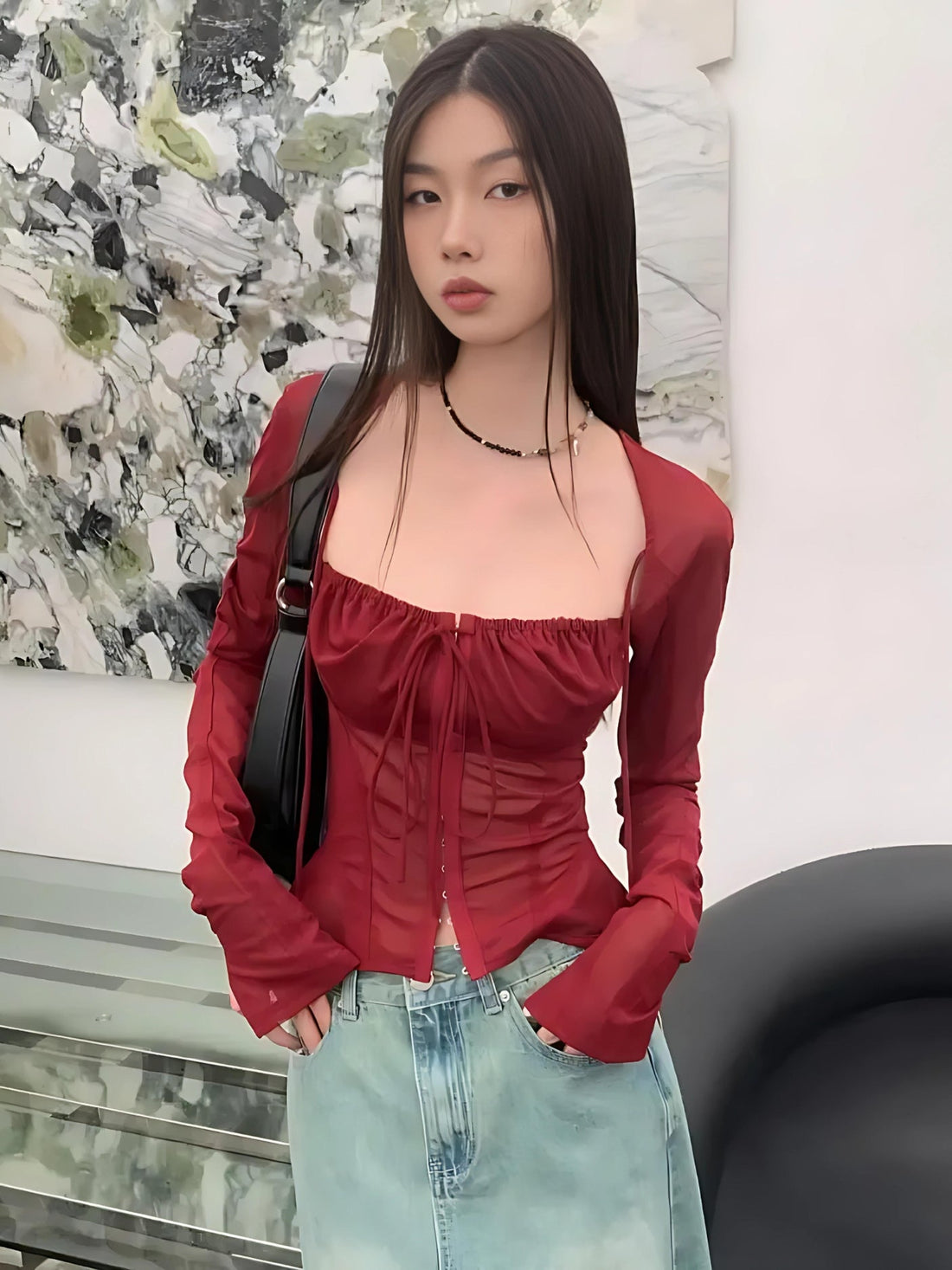 Sheer Ruched Lace Up Blouse - KAYSMAR
