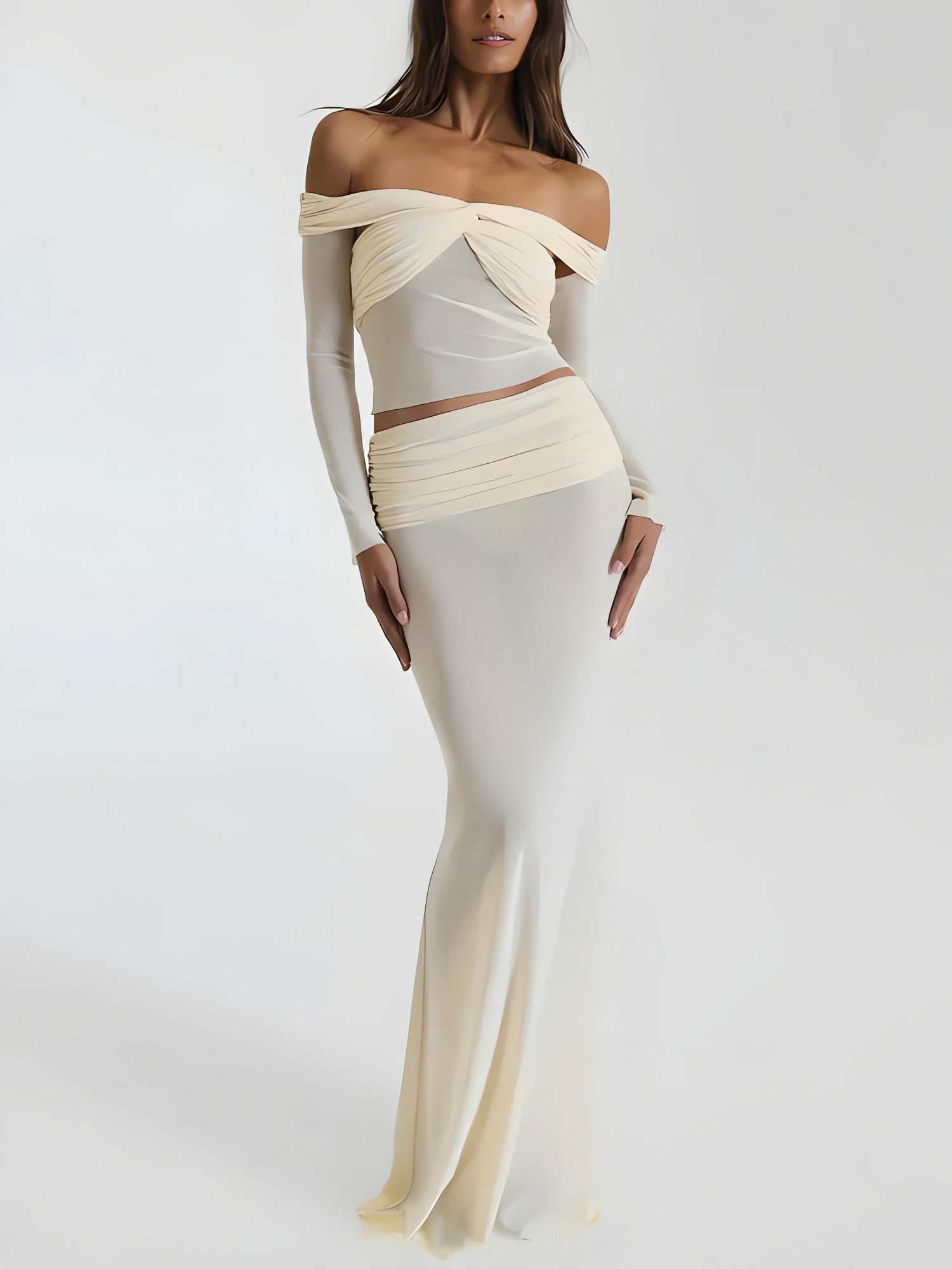 Sheer Off Shoulder Top & Maxi Skirt Two Piece Set - KAYSMAR