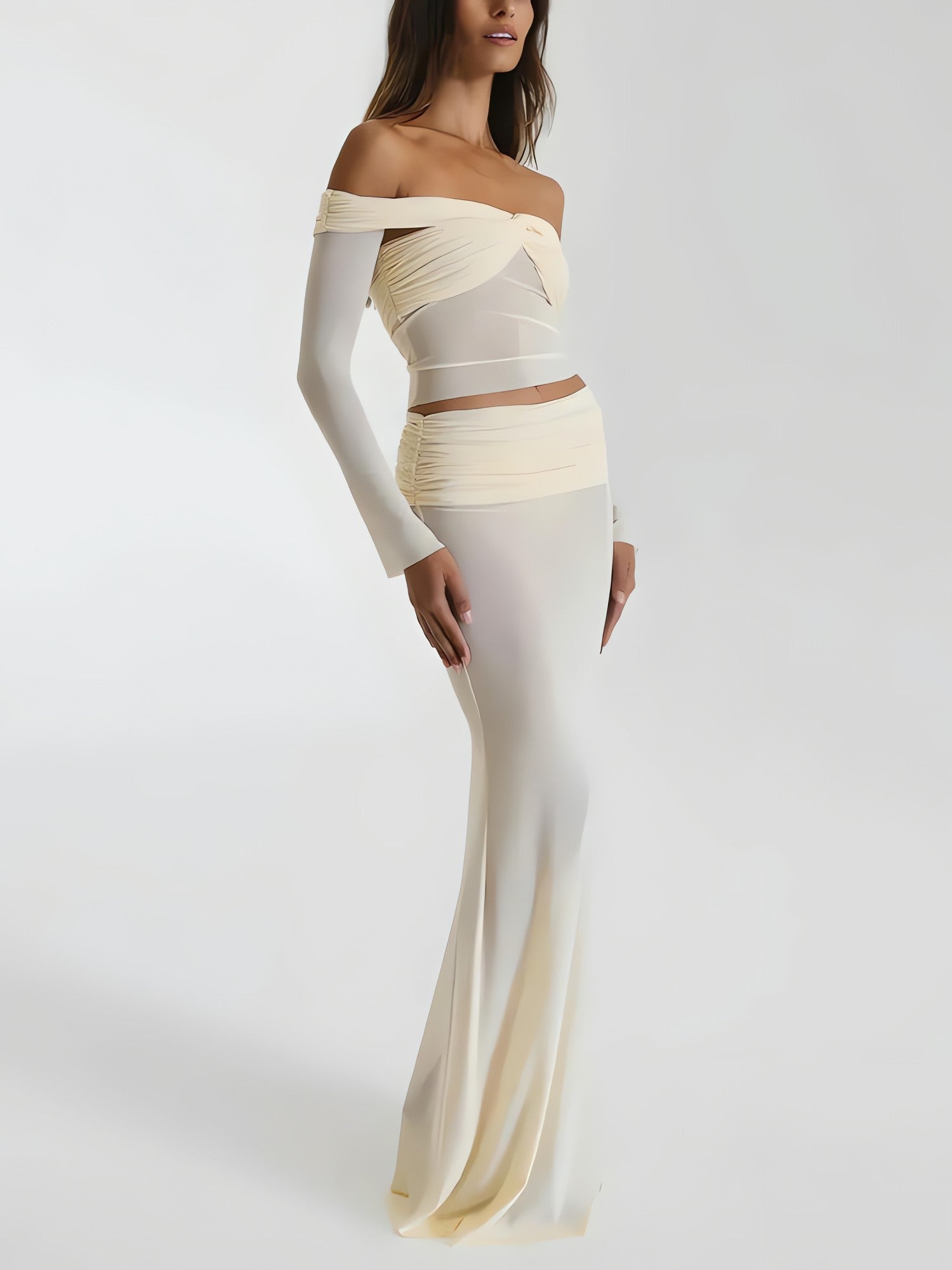 Sheer Off Shoulder Top & Maxi Skirt Two Piece Set - KAYSMAR