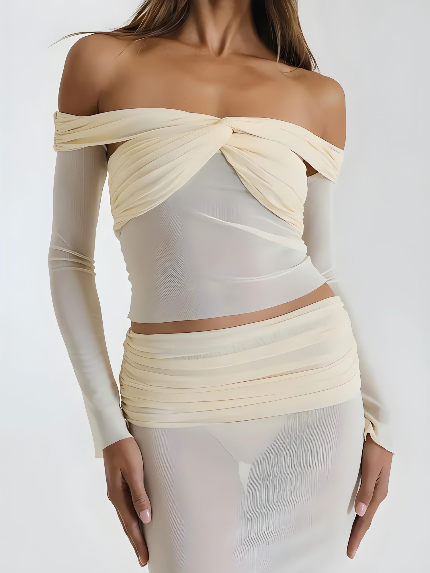 Sheer Off Shoulder Top & Maxi Skirt Two Piece Set - KAYSMAR