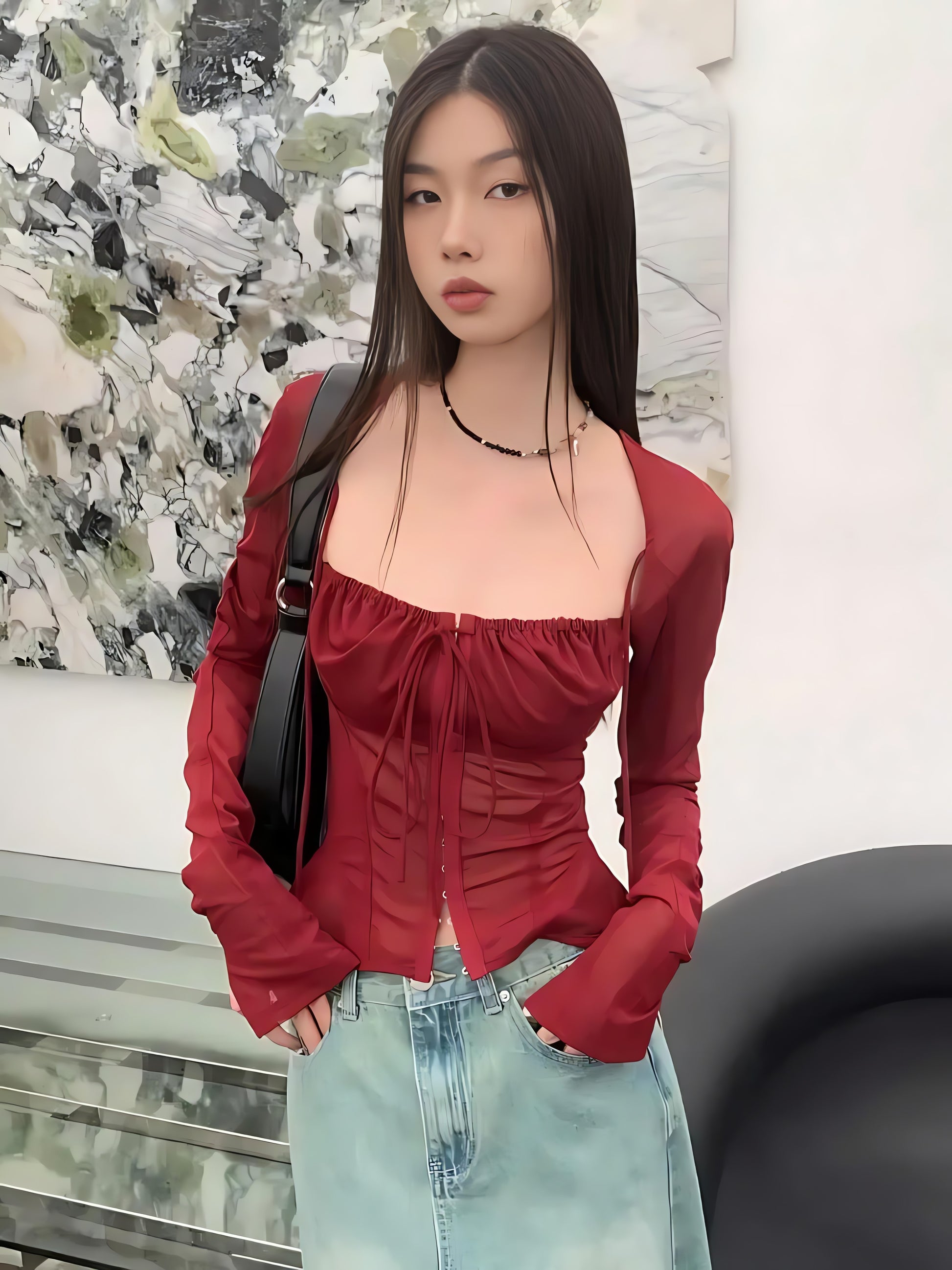 Sheer Ruched Lace Up Blouse - KAYSMAR