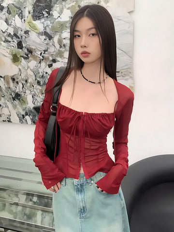 Sheer Ruched Lace Up Blouse - KAYSMAR