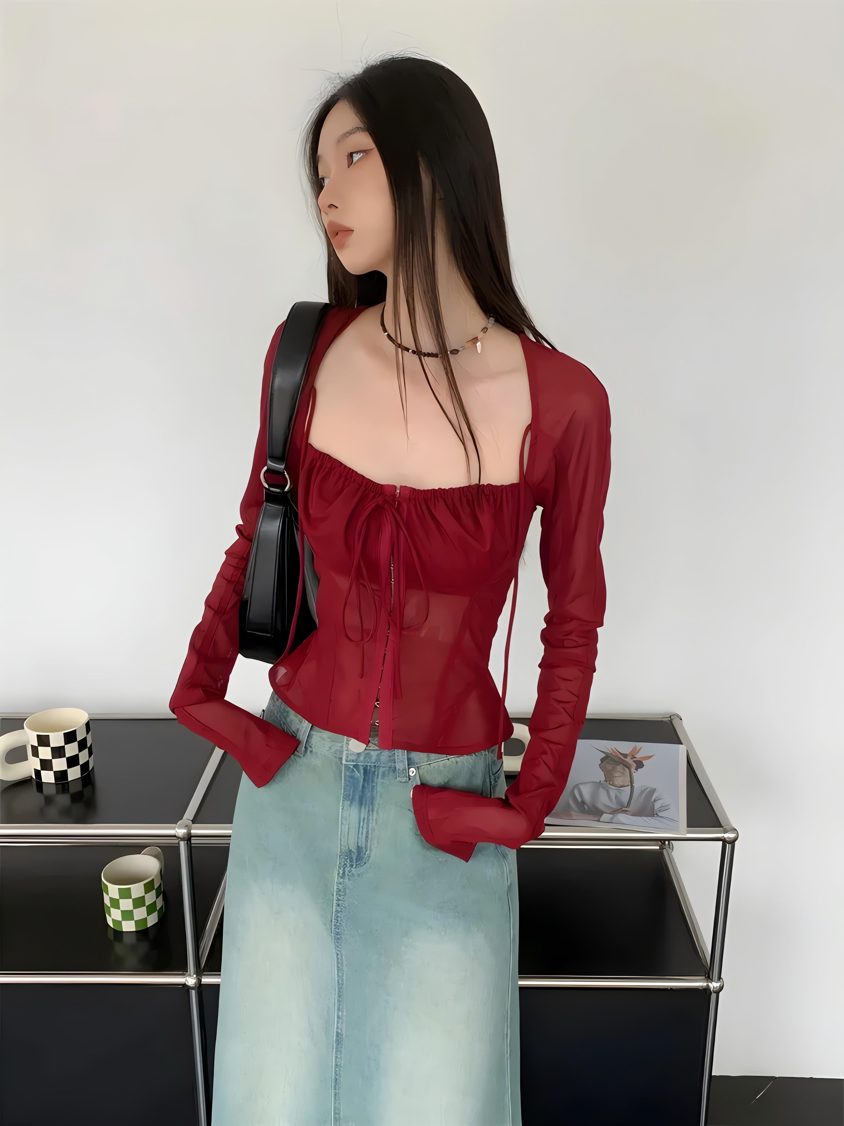 Sheer Ruched Lace Up Blouse - KAYSMAR