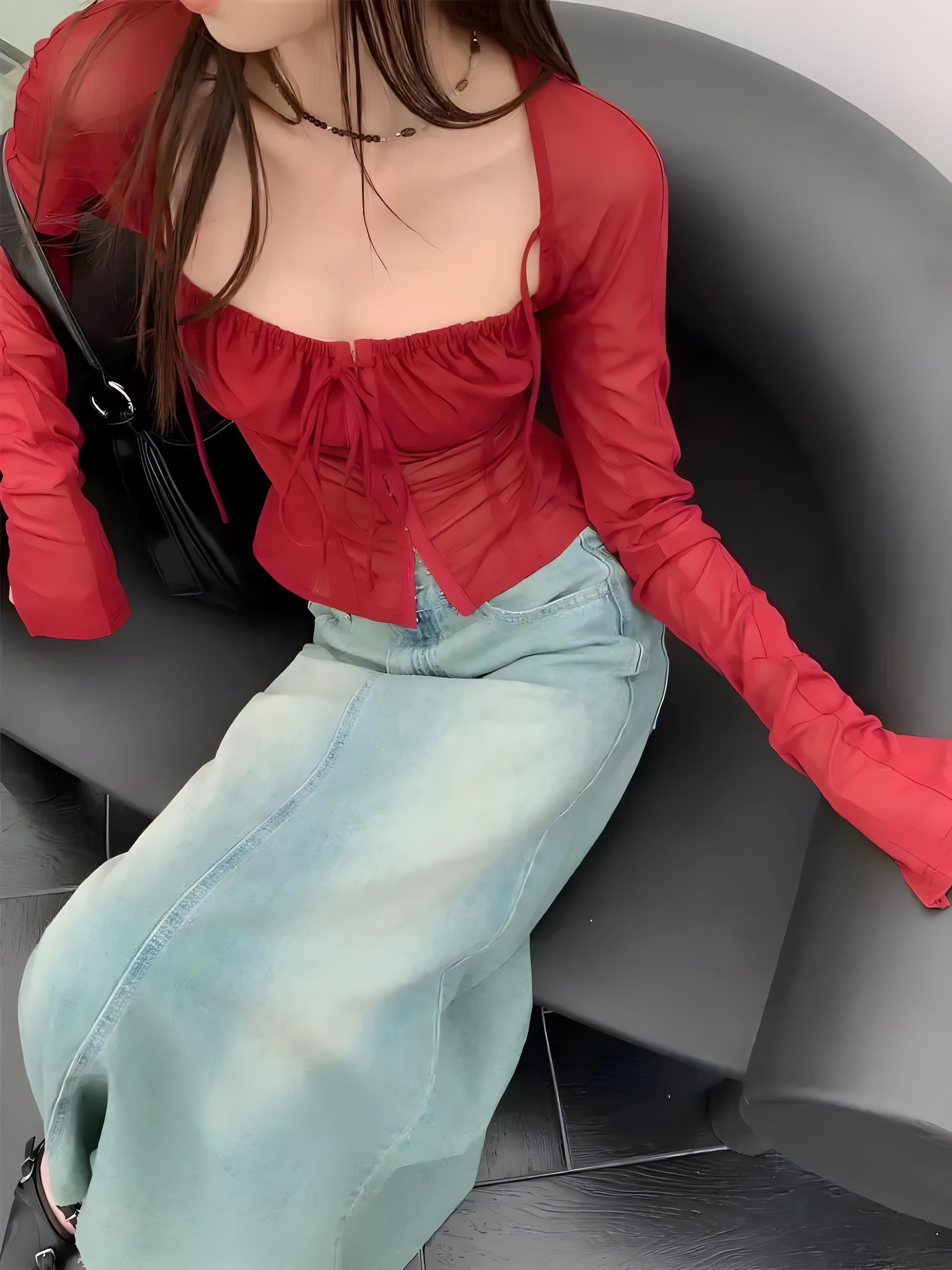 Sheer Ruched Lace Up Blouse - KAYSMAR