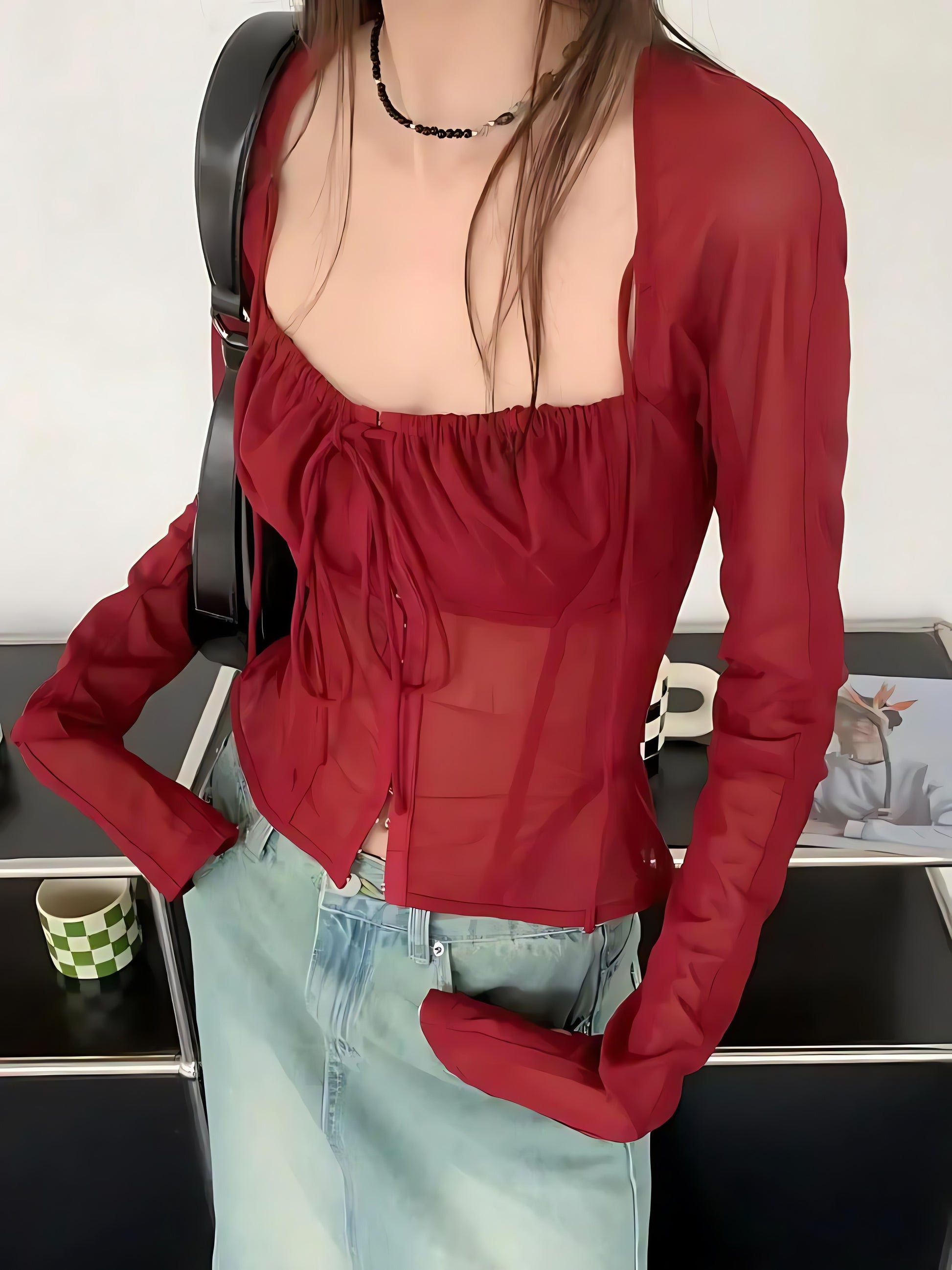 Sheer Ruched Lace Up Blouse - KAYSMAR