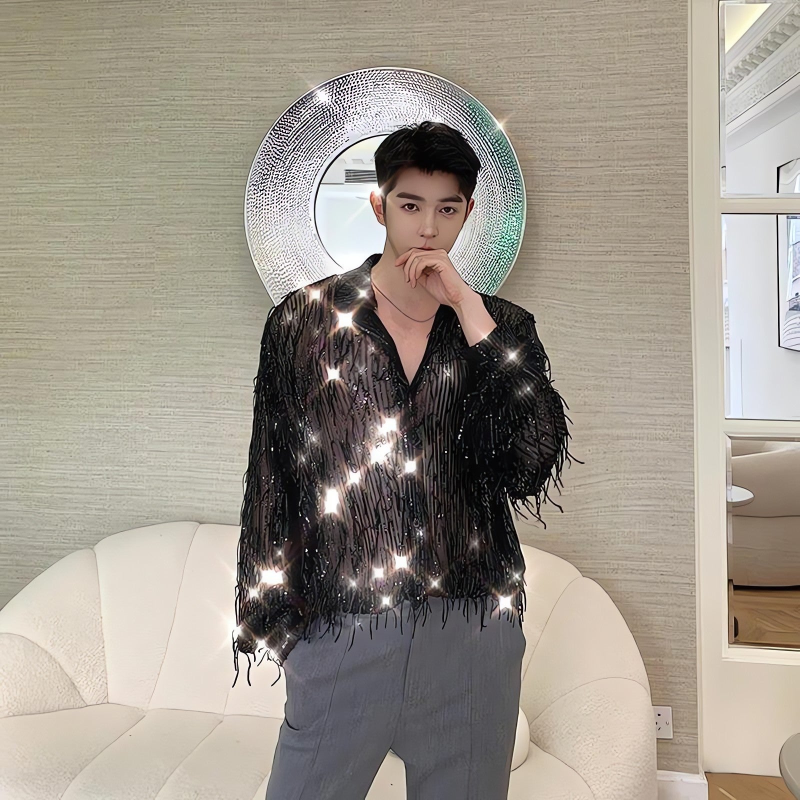 Shiny Sequin Sheer Shirt - KAYSMAR