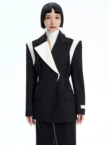 Single Button Color Block Blazer - KAYSMAR