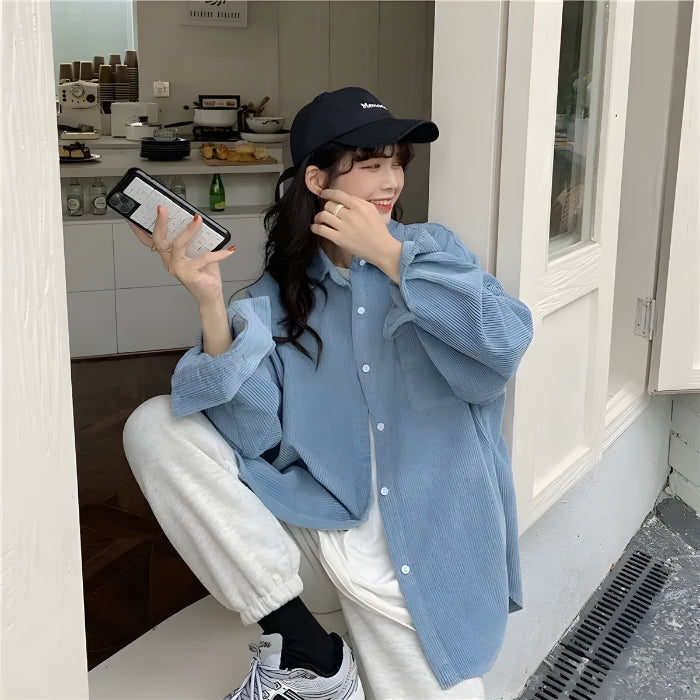 Smiley Embroidered Corduroy Shirt - KAYSMAR