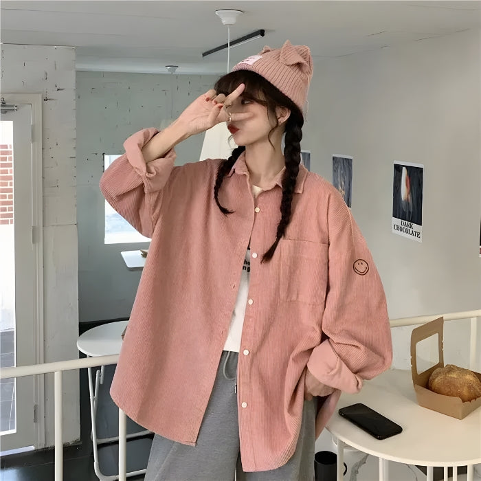 Smiley Embroidered Corduroy Shirt - KAYSMAR