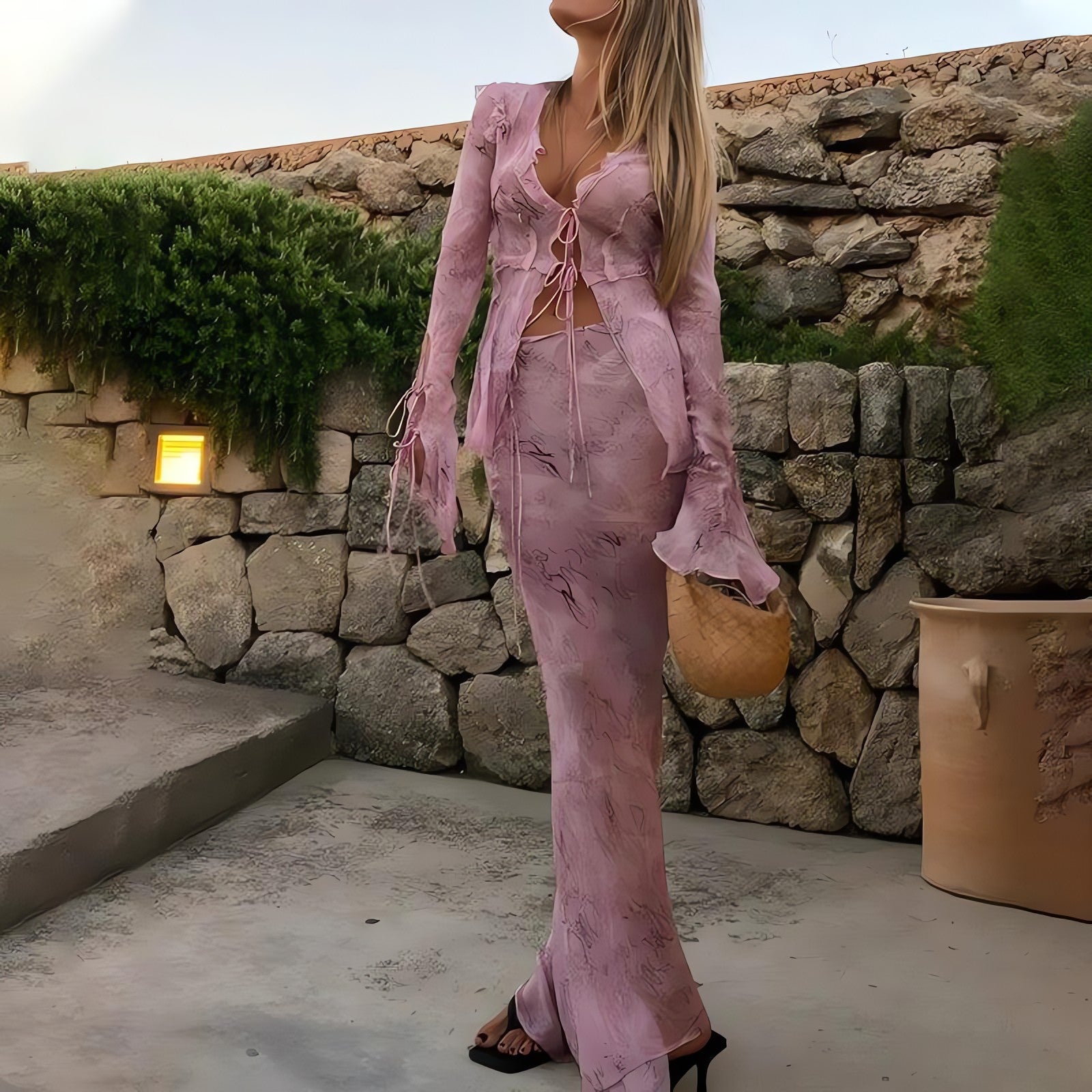 Snakeskin Blouse & Maxi Skirt Two Piece Set - KAYSMAR