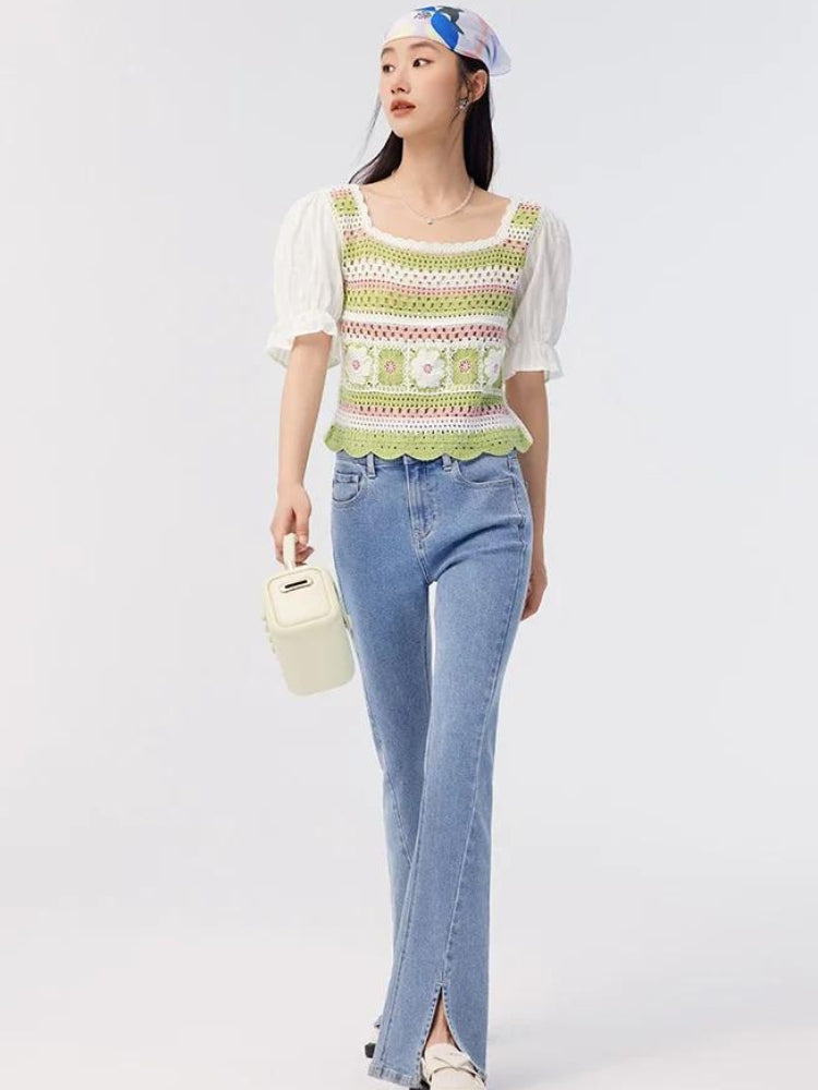 Soft Girl Floral Hollow Out Knitted Top - KAYSMAR