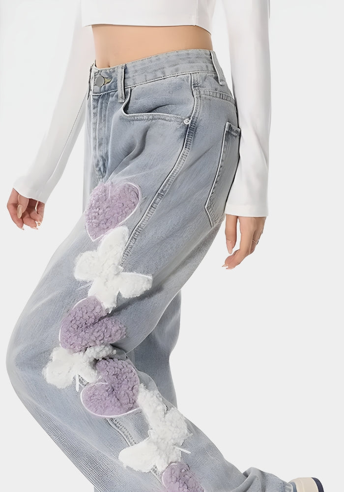 Soft Girl Fluffy Heart Butterfly Jeans - KAYSMAR