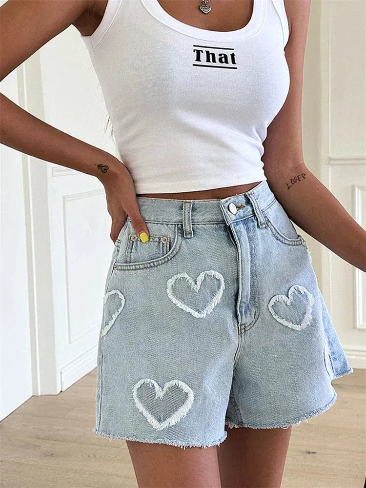 Soft Girl Heart Patch Denim Shorts - KAYSMAR