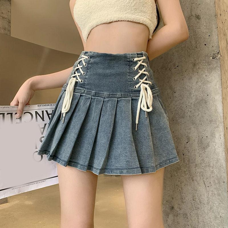 Soft Girl Lace Up Denim Mini Skirt - KAYSMAR