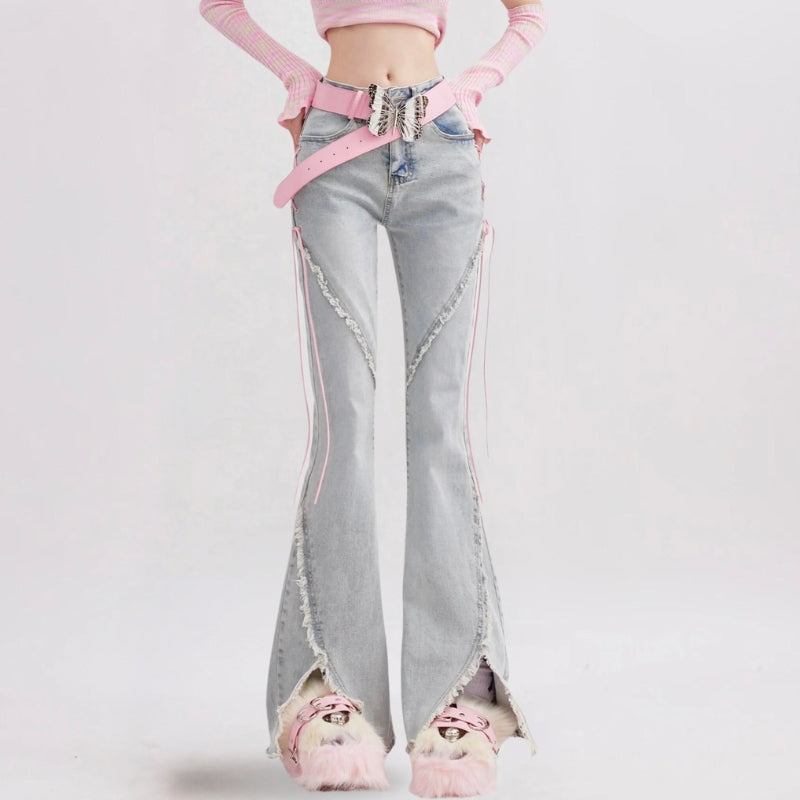 Soft Girl Lace Up Slit Flare Jeans - KAYSMAR