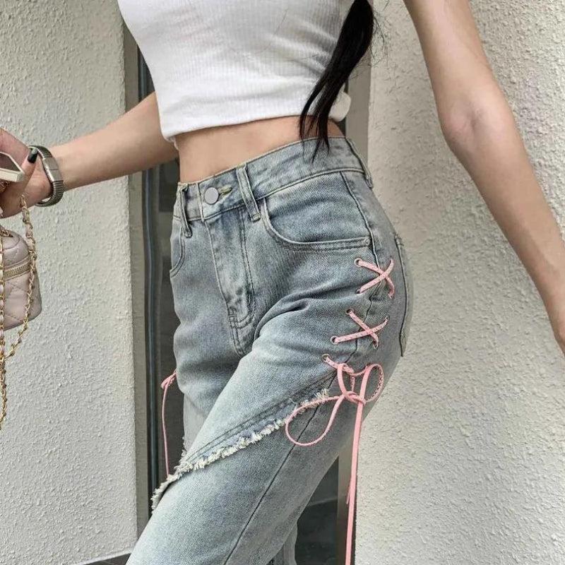 Soft Girl Lace Up Slit Flare Jeans - KAYSMAR