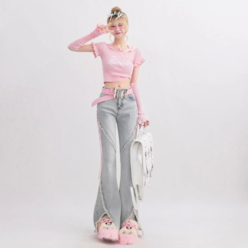 Soft Girl Lace Up Slit Flare Jeans - KAYSMAR