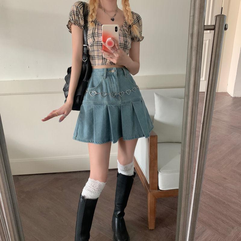 Soft Girl Pleated Denim Mini Skirt - KAYSMAR
