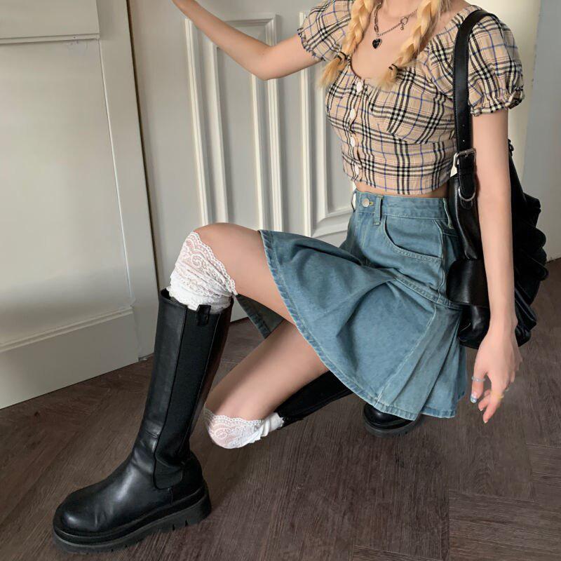 Soft Girl Pleated Denim Mini Skirt - KAYSMAR