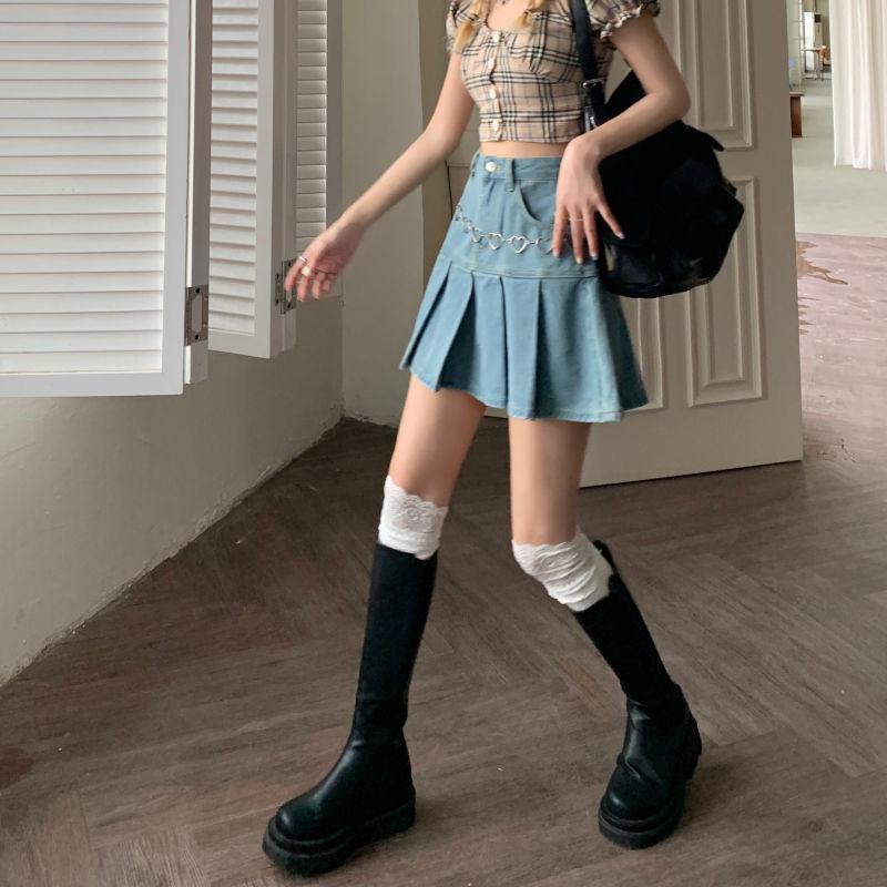 Soft Girl Pleated Denim Mini Skirt - KAYSMAR