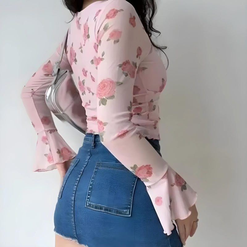 Soft Girl Rose Garden Mesh Top - KAYSMAR