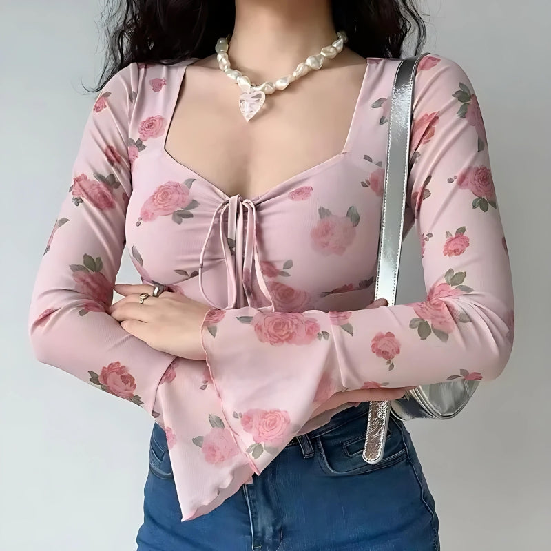 Soft Girl Rose Garden Mesh Top - KAYSMAR