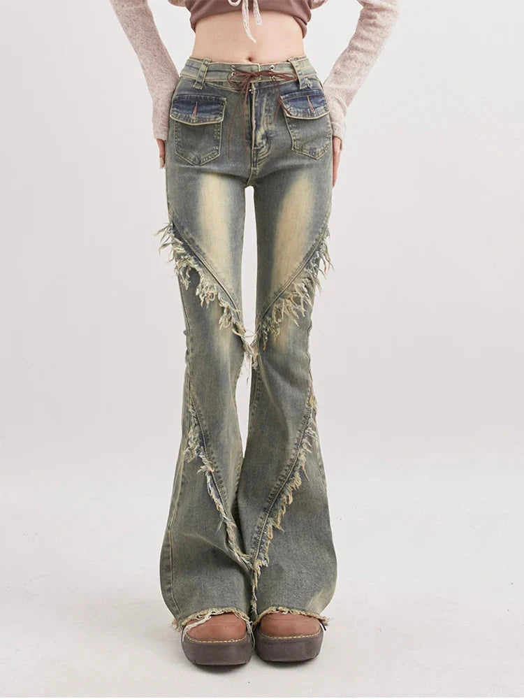 Soft Grunge Tasseled Flare Jeans - KAYSMAR