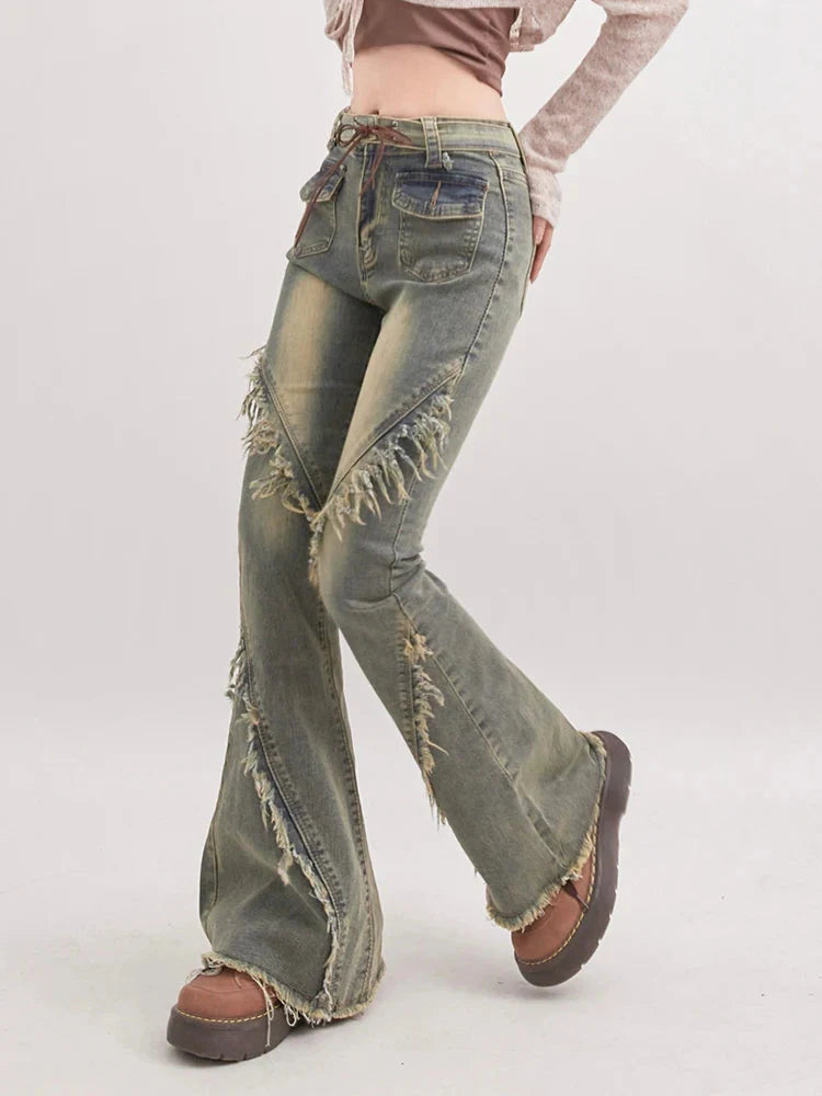 Soft Grunge Tasseled Flare Jeans - KAYSMAR