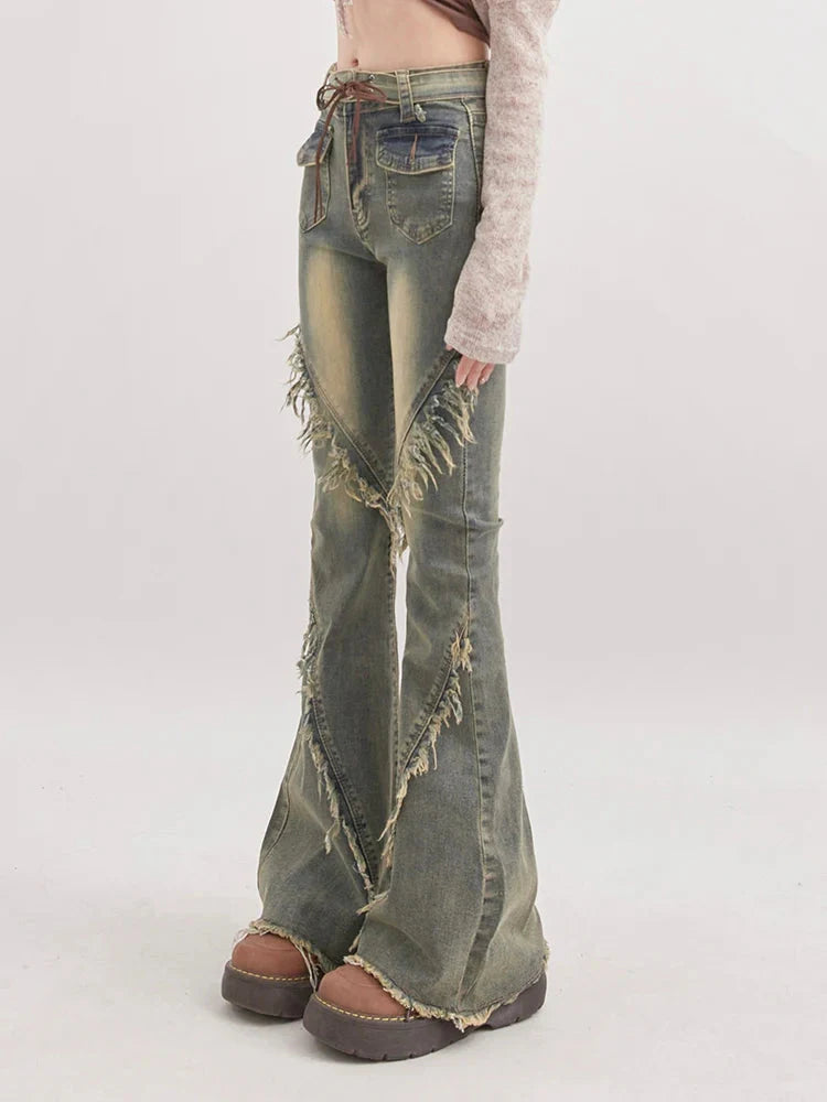 Soft Grunge Tasseled Flare Jeans - KAYSMAR