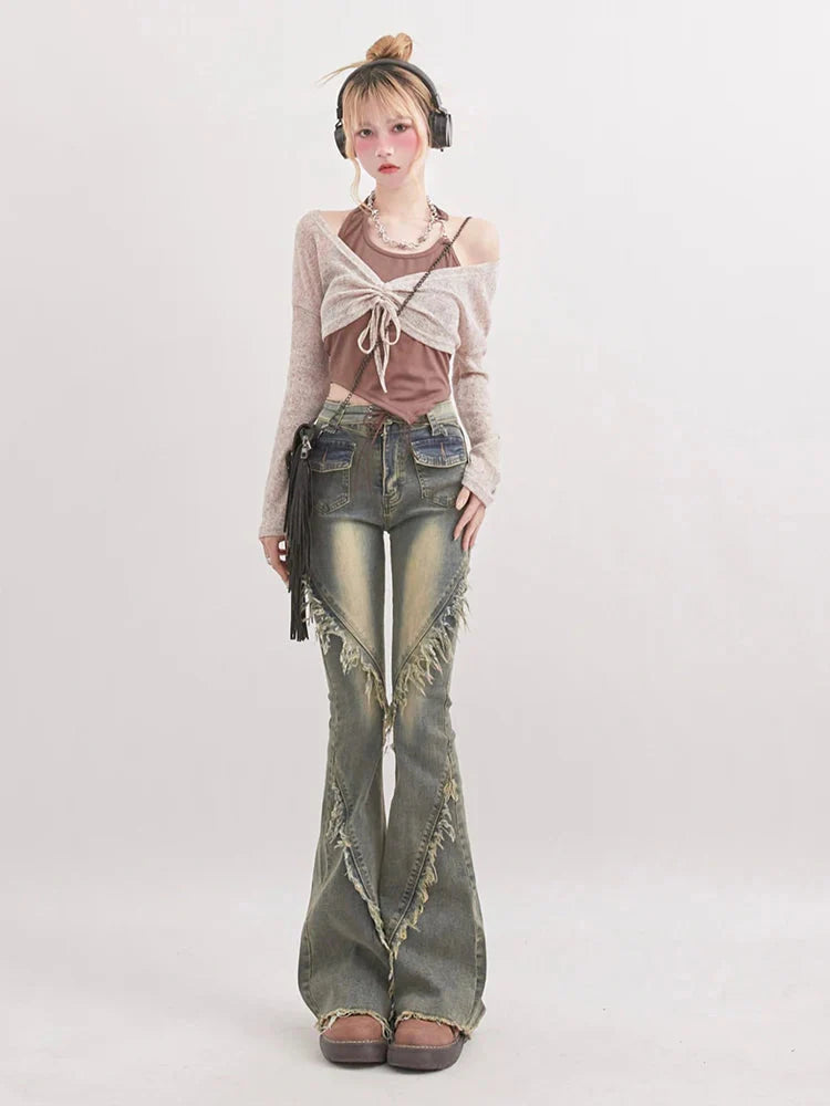 Soft Grunge Tasseled Flare Jeans - KAYSMAR