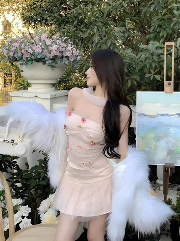 Soft Girl Flower Tube Top & Tulle Mini Skirt Two Piece Set - KAYSMAR