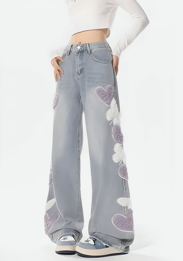 Soft Girl Fluffy Heart Butterfly Jeans - KAYSMAR