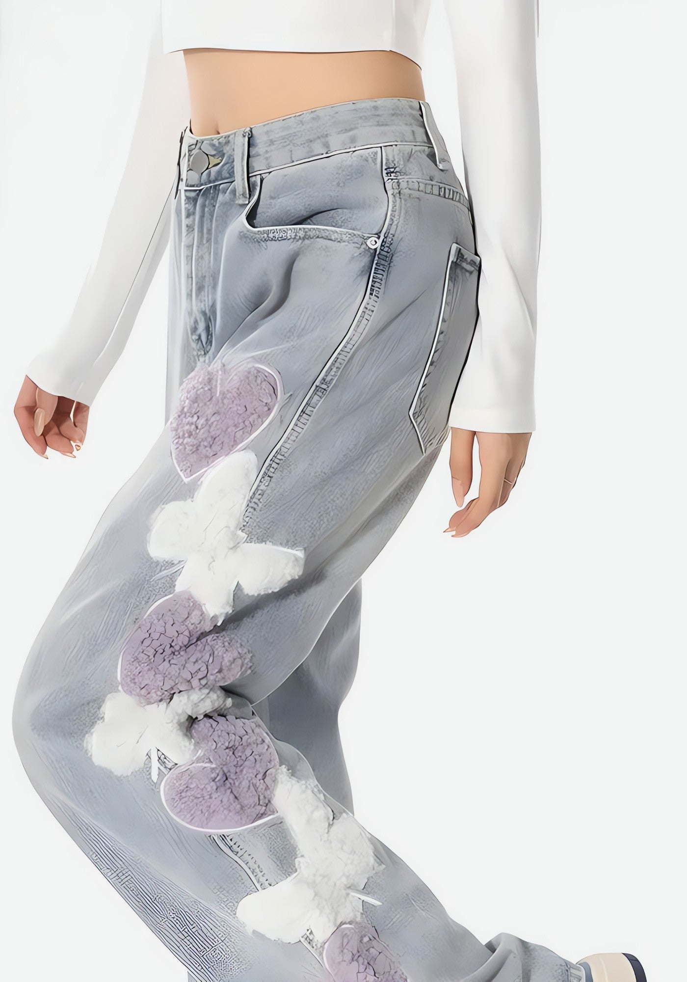 Soft Girl Fluffy Heart Butterfly Jeans - KAYSMAR