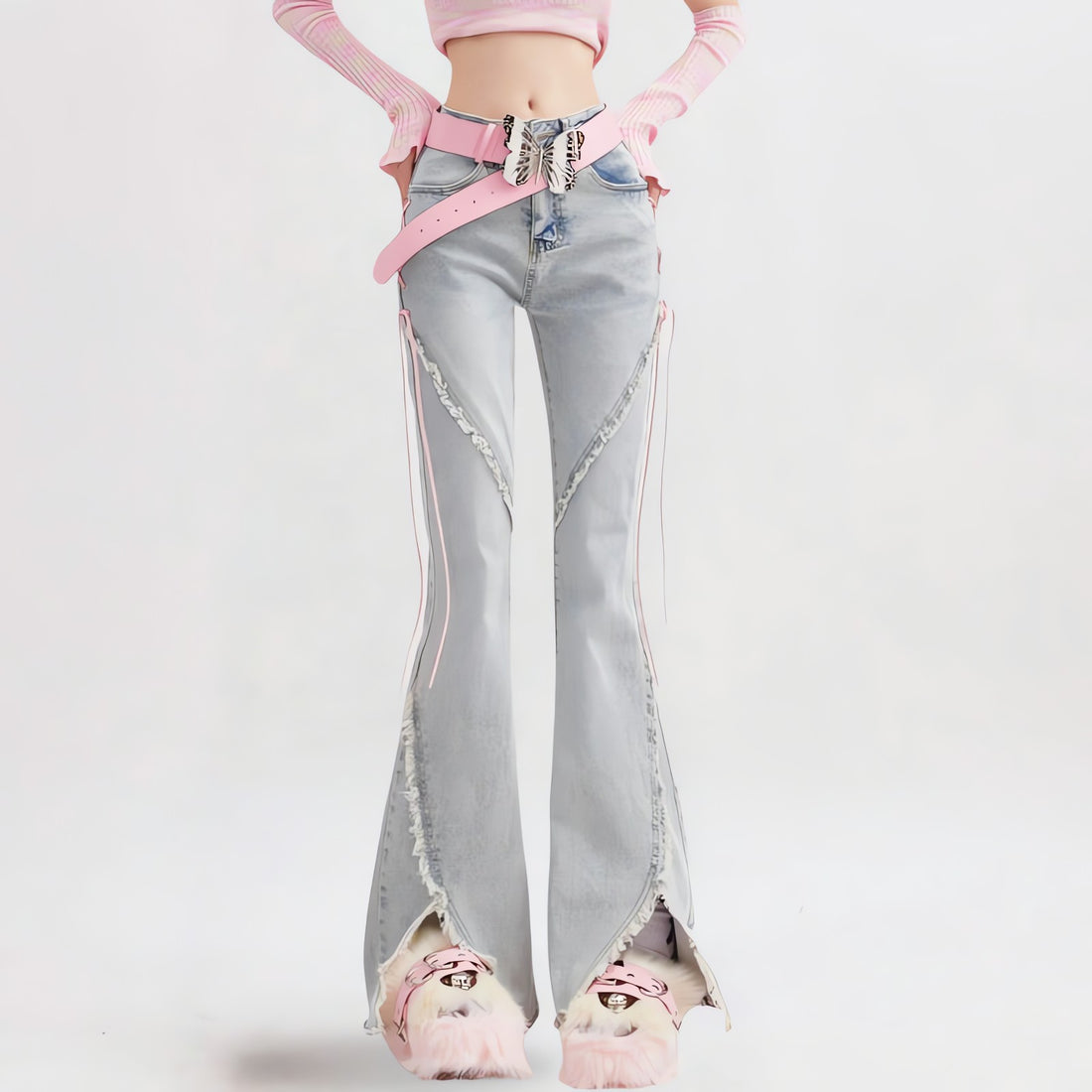 Soft Girl Lace Up Slit Flare Jeans - KAYSMAR