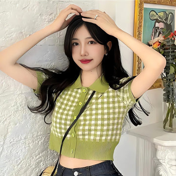 Soft Girl Plaid Crop Cardigan - KAYSMAR