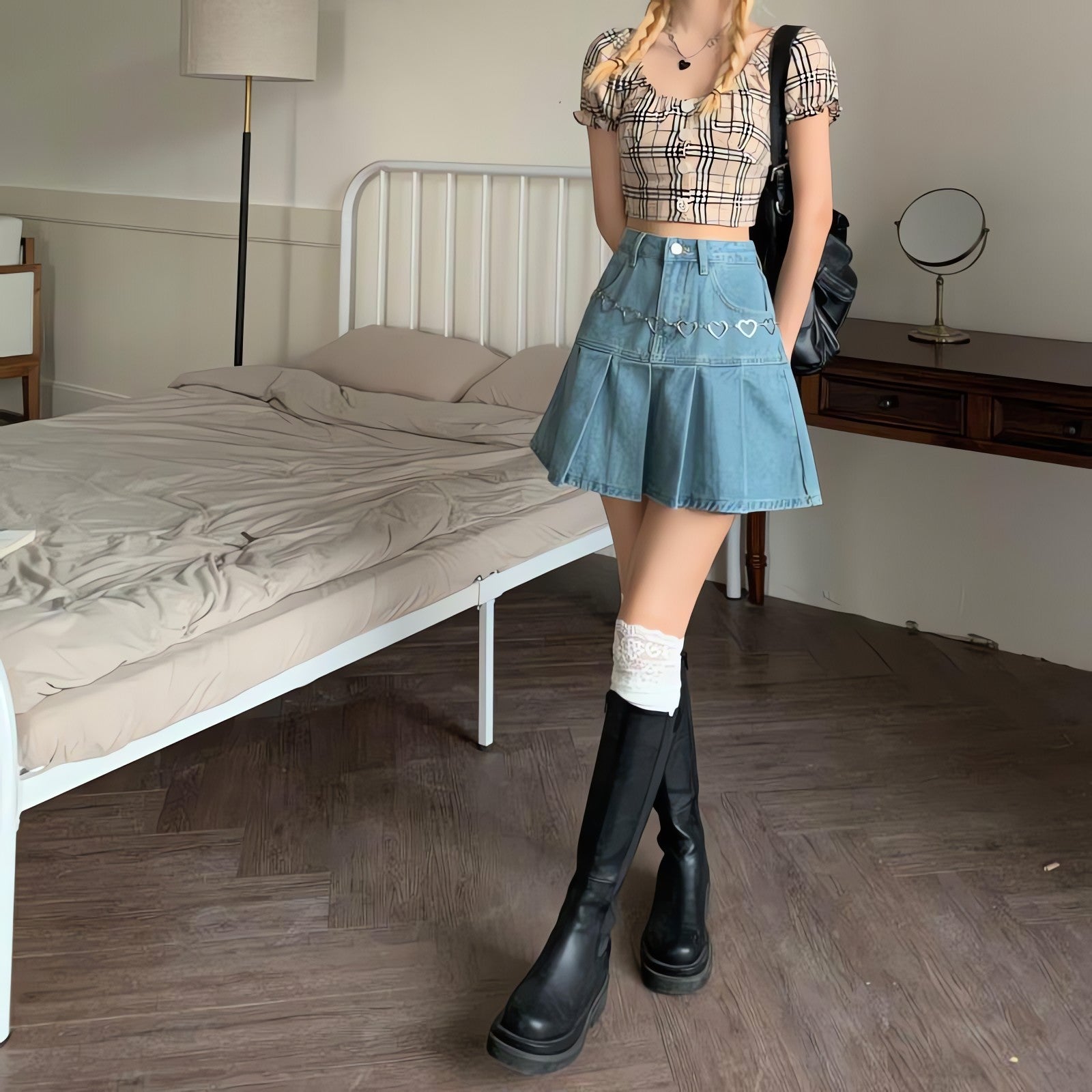Soft Girl Pleated Denim Mini Skirt - KAYSMAR