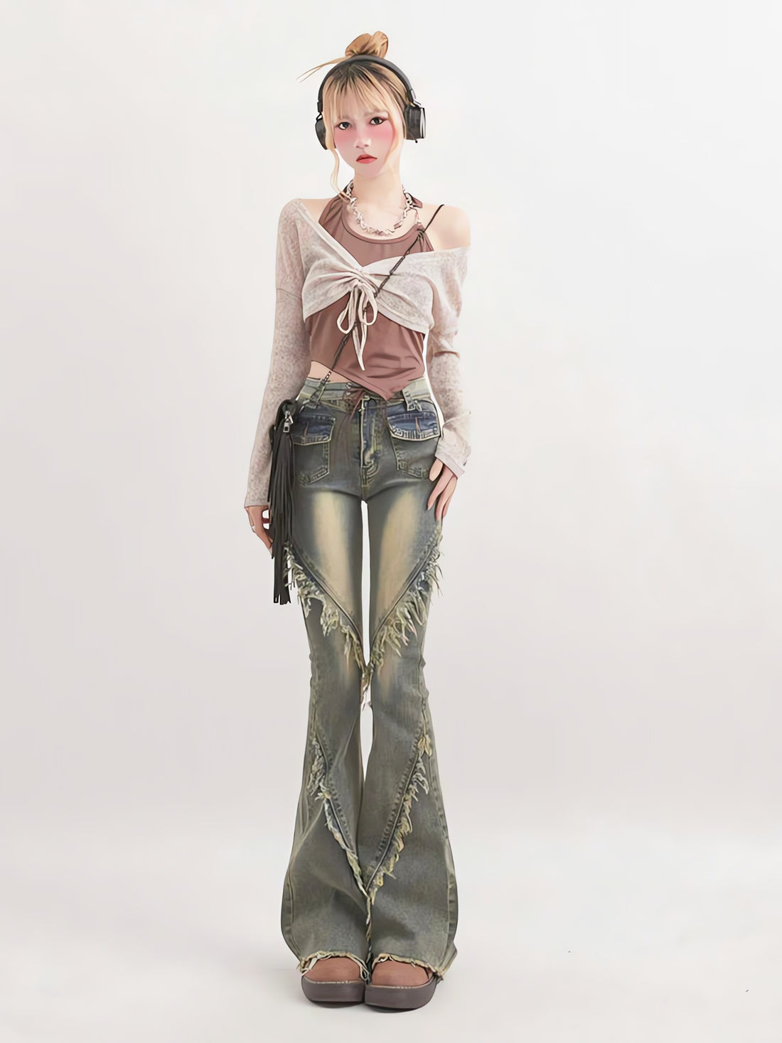 Soft Grunge Tasseled Flare Jeans - KAYSMAR
