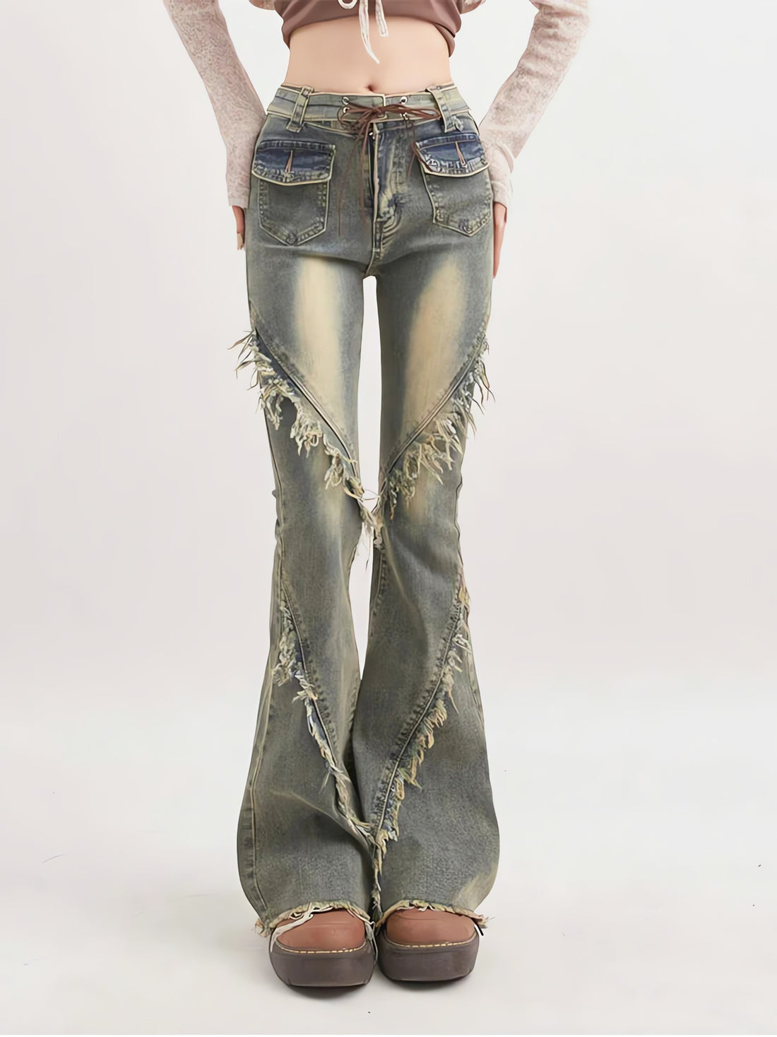 Soft Grunge Tasseled Flare Jeans - KAYSMAR