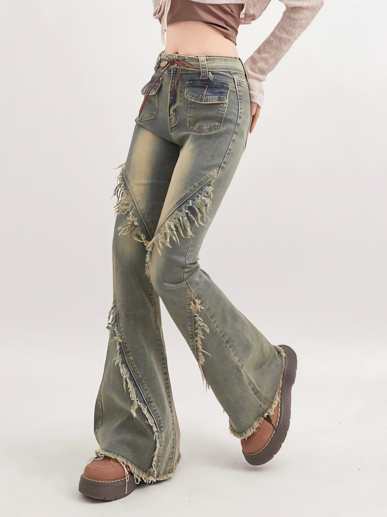 Soft Grunge Tasseled Flare Jeans - KAYSMAR