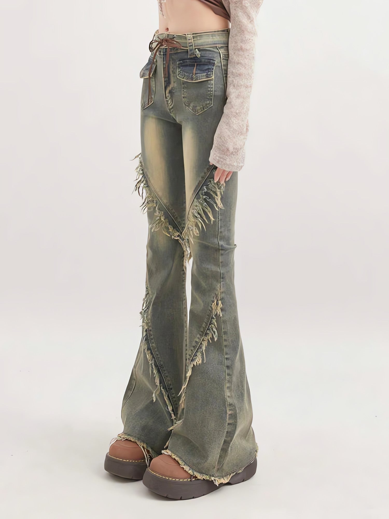 Soft Grunge Tasseled Flare Jeans - KAYSMAR