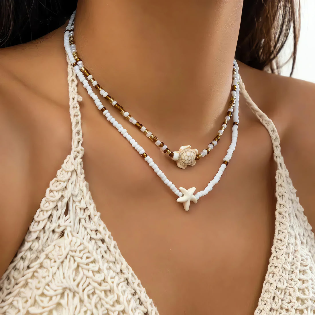 Starfish & Turtle Beaded Two-Pack Necklace Set - KAYSMAR