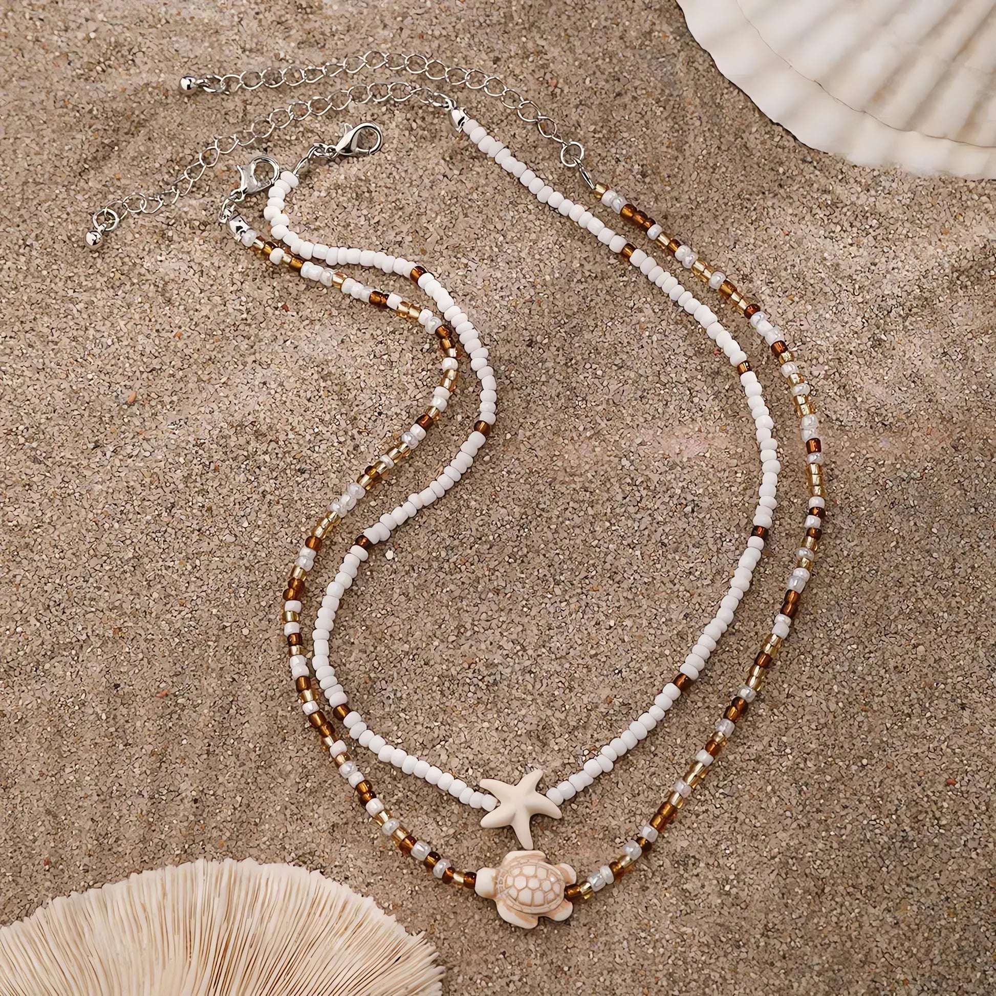 Starfish & Turtle Beaded Two-Pack Necklace Set - KAYSMAR