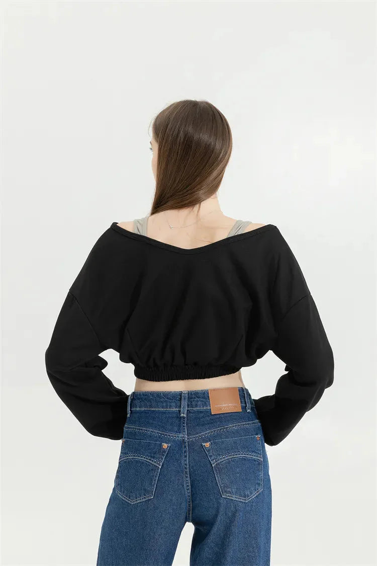 Strap Detailed Wide Neck Crop Sweatshirt - KAYSMAR